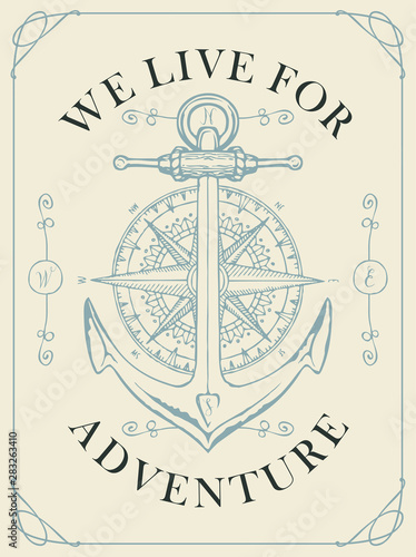 Retro banner with a ship anchor and wind rose