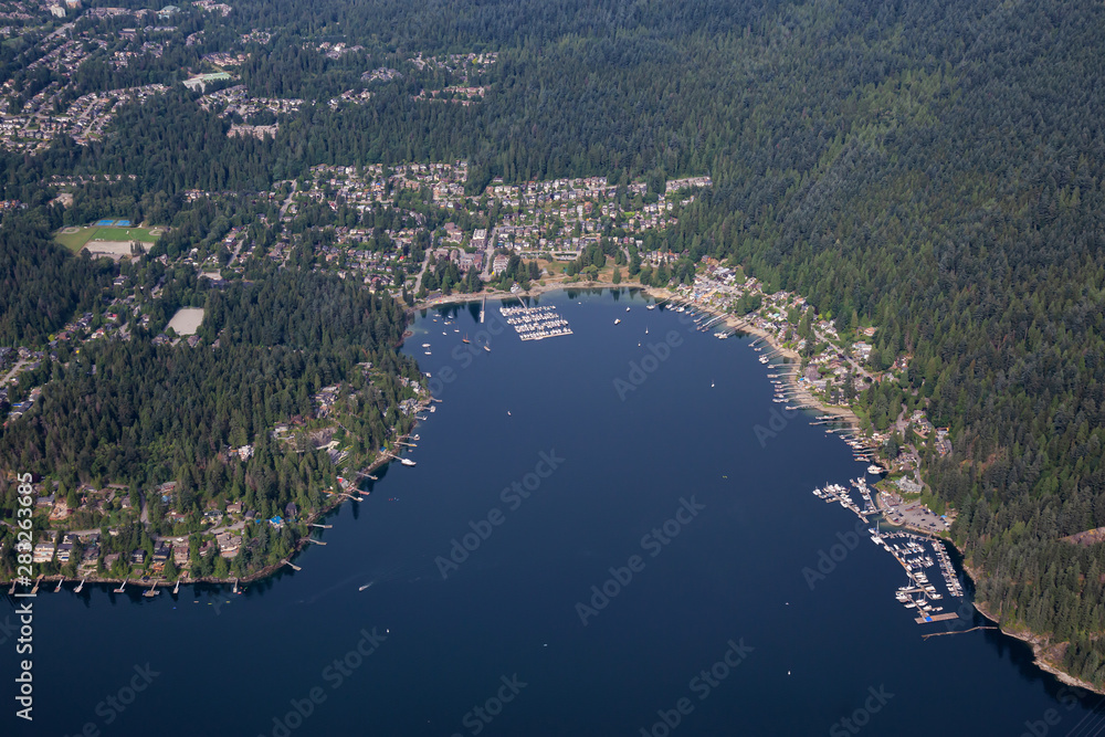 Aerial view on the luxury homes in Deep Cove by the Ocean Inlet. Taken in North Vancouver, British Columbia, Canada, during a summer morning.