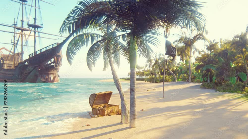 Sand, sea, sky, clouds, palm trees and summer day. Pirate island, chest of gold and pirate flag fluttering in the wind. Beautiful loop background.