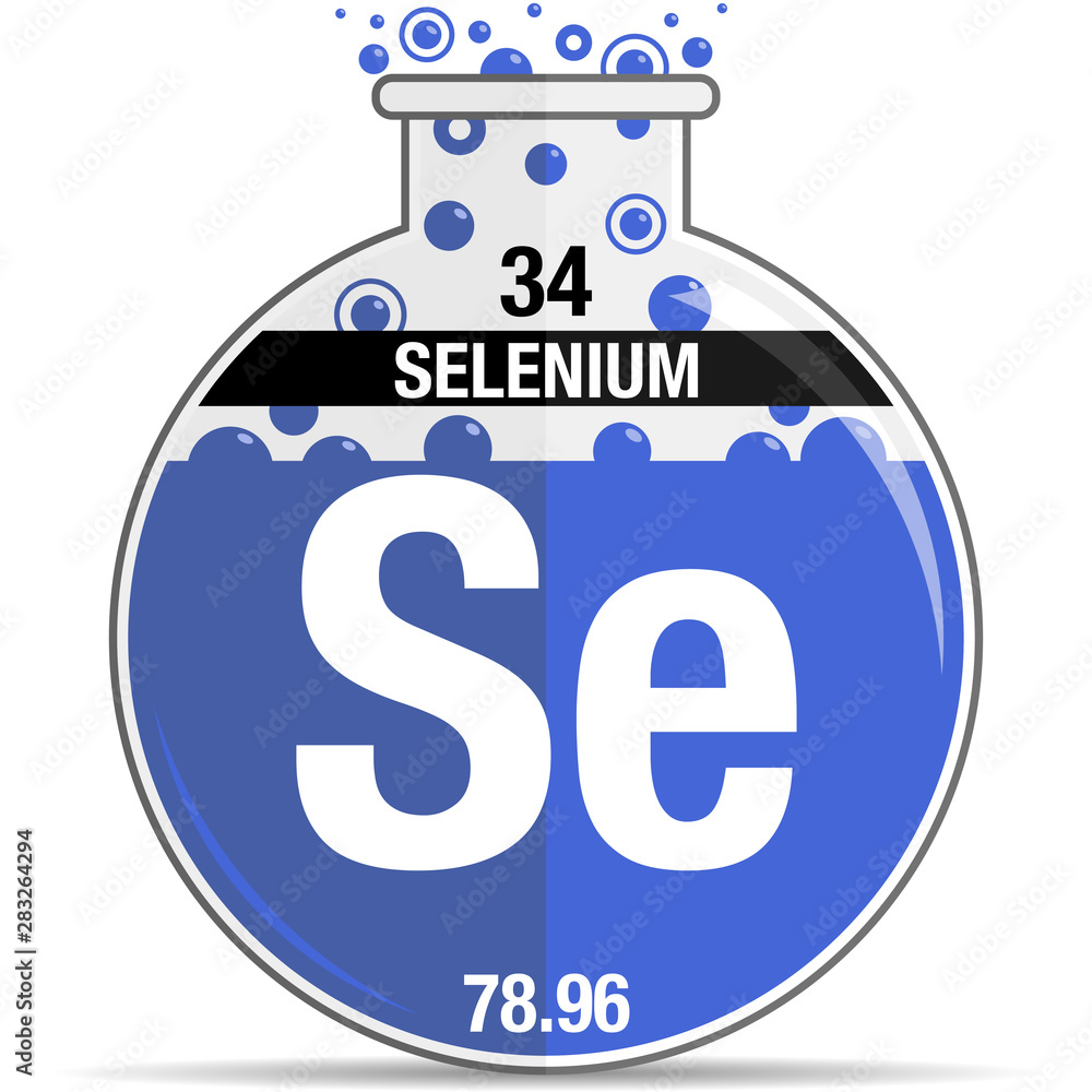 Selenium symbol on chemical round flask. Element number 34 of the ...