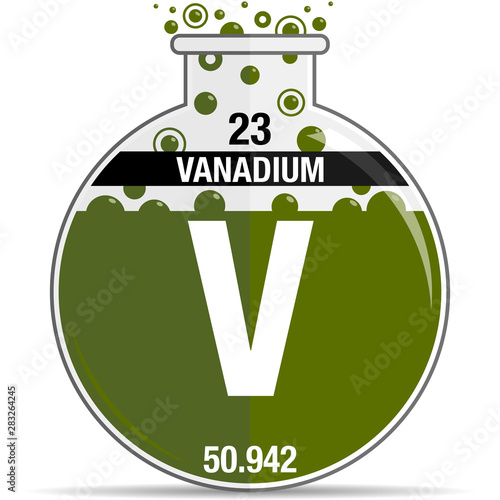 Vanadium symbol on chemical round flask. Element number 23 of the Periodic Table of the Elements - Chemistry. Vector image