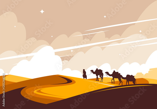 Vector illustration of a desert in Africa  a caravan of camels and a man walking through the desert