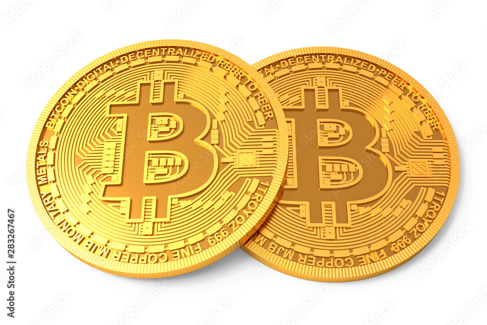 Two physical Bitcoins isolated on white background. Golden coins with bitcoin symbol. Digital currency. Cryptocurrency. 3d generated image Two physical Bitcoins isolated on white background. Golden coins with bitcoin symbol. Digital currency. Cryptocurrency. 3d generated image