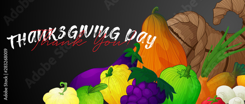 horizontal vector banner for thanksgiving day or harvest festival with hand draw illustration of cornucopia or horn of plenty with vegetables and fruits and mushrooms on dark background