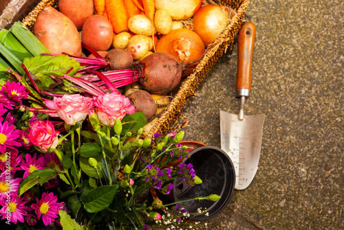 gardening with tools growing organic vegetables and flowers on the allotment for healthy eating and country living home grown food and flowers