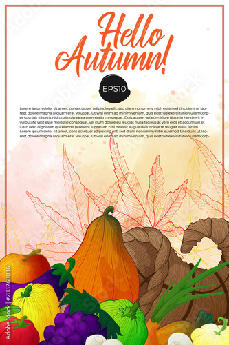 Vertical vector banner for thanksgiving day or harvest festival with hand draw cornucopia or horn of plenty with vegetables and fruits and mushrooms on white background with outline autumn leaves