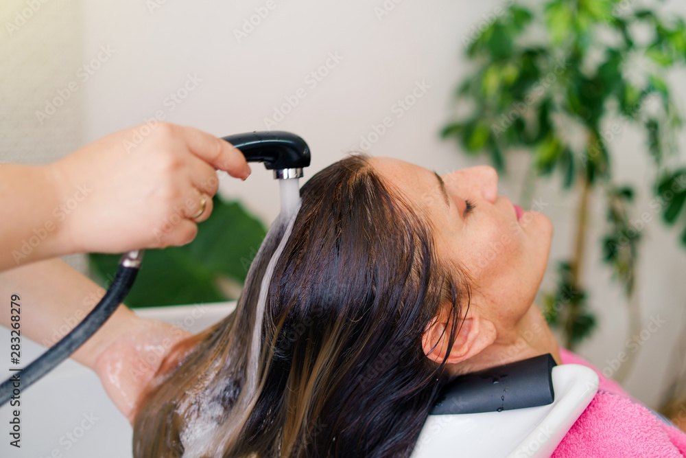 Hairdresser washing hair of woman female customer with a shower at the saloon Hairdresser washing hair of woman female customer with a shower at the saloon