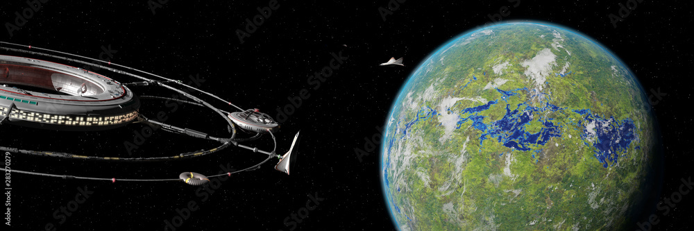 space station in orbit of planet an alien planet (3d science fiction background rendering banner)