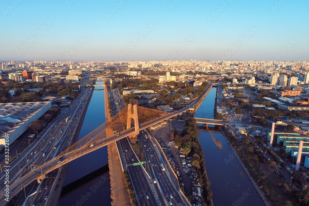 Estaiada bridge aerial view. São Paulo, Brazil. Business center. Financial Center. Famous cable-stayed bridge.  Business travel. Travel destination.