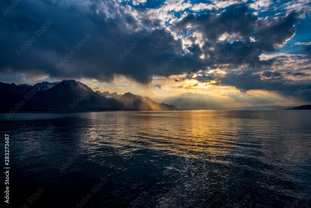 Sunset over Geneva lake in Switzerland
