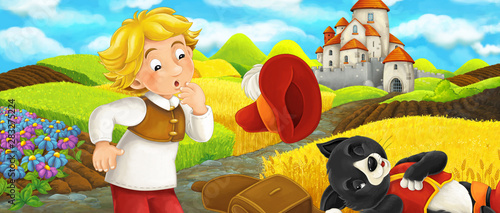 Cartoon scene - cat traveling to the castle on the hill with young boy farmer - illustration for children