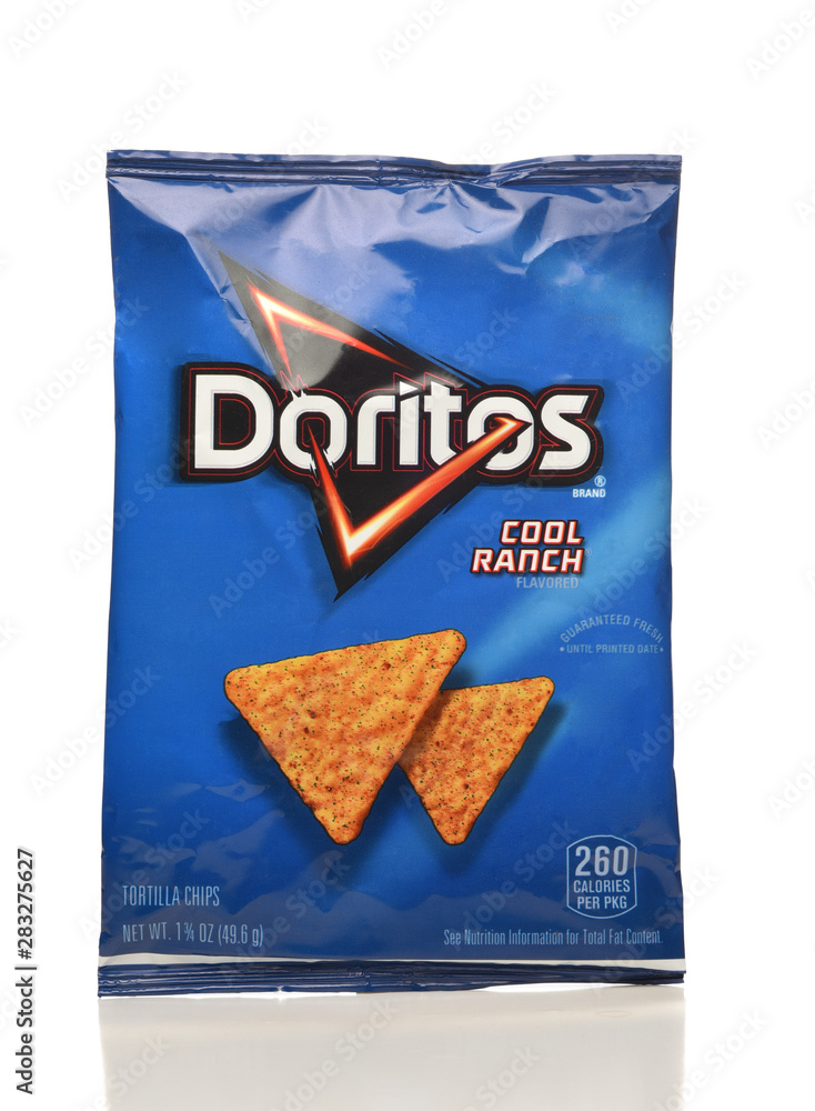 IRVINE, CA - APRIL 4, 2019: A bag of of Dorito Cool Ranch Tortilla Chips  from Frito-Lay. Photos | Adobe Stock