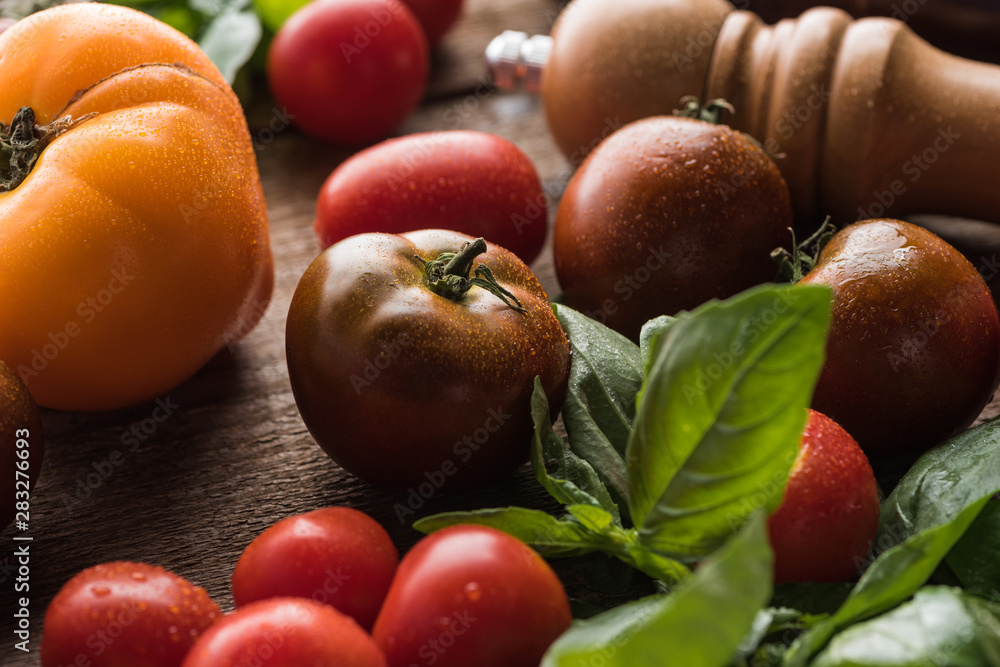 close up view of tomatoes with spinach near salt mill on wooden surface close up view of tomatoes with spinach near salt mill on wooden surface
