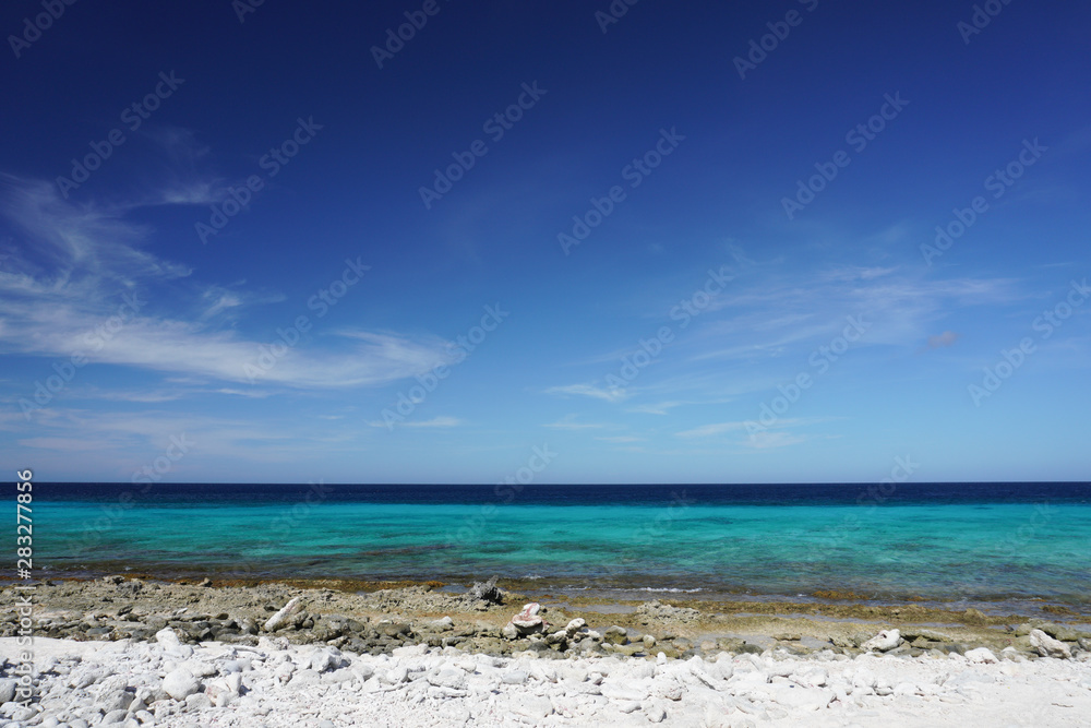 View of the Caribbean Sea from a rocky beach on the island of Bonaire