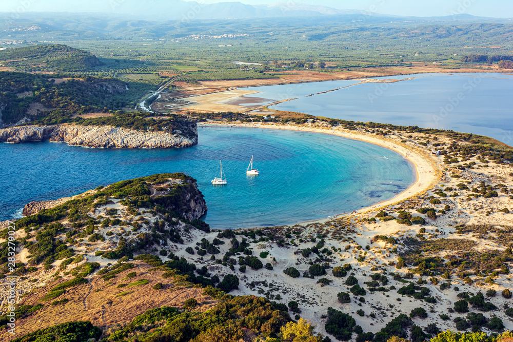 Fototapeta premium View of Voidokilia beach in the Peloponnese region of Greece, from the Palaiokastro