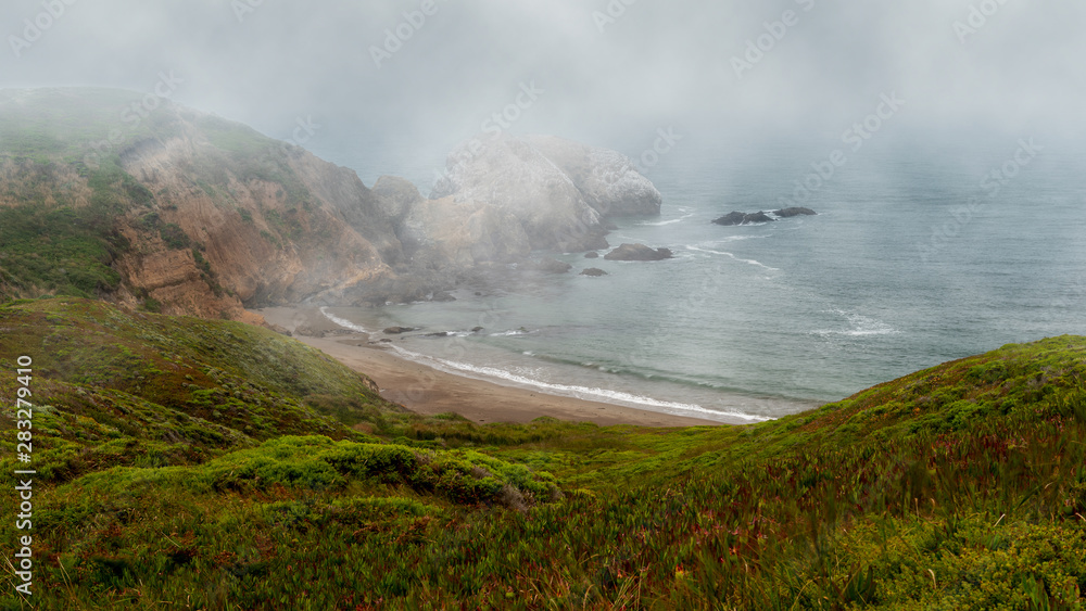 Rodeo Beach South on a foggy morning landscape overview from above