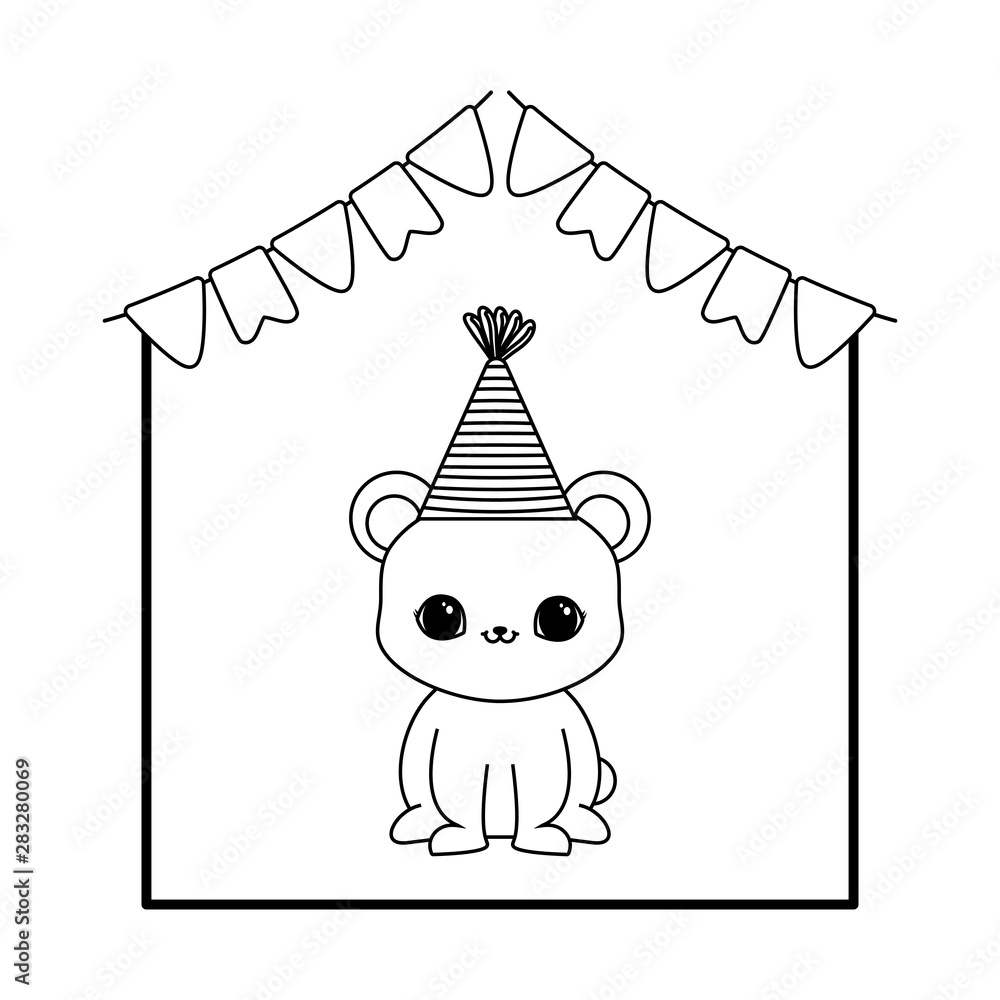 Obraz premium cute bear animal with hat party and garlands hanging