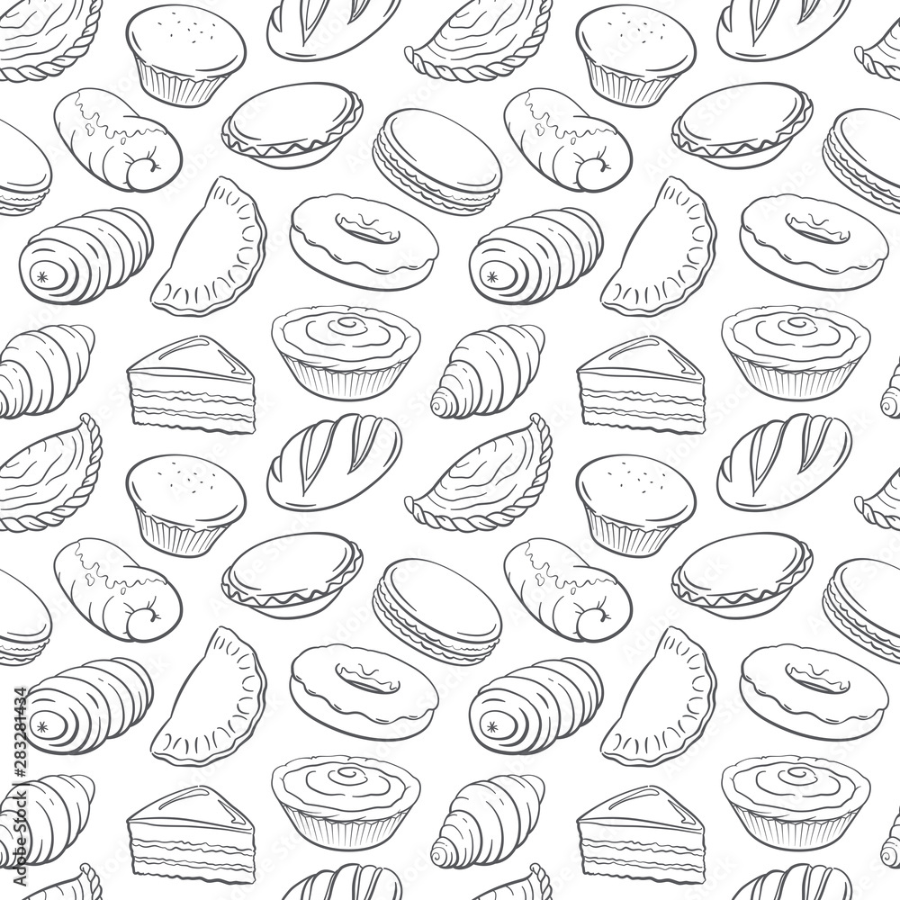 Seamless hand drawn doodle set with bakery elements