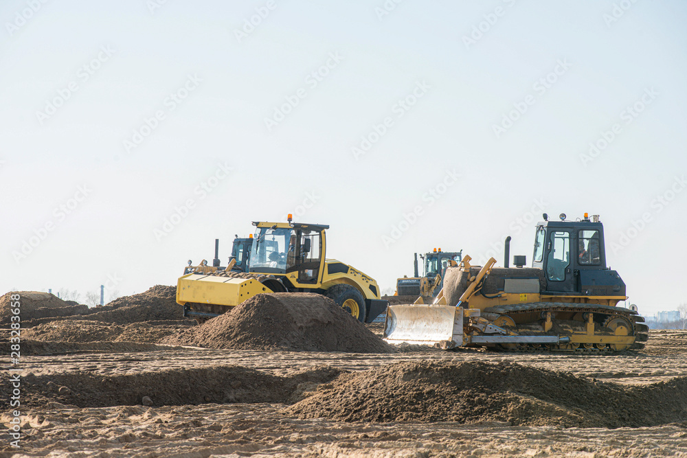 Bulldozer, dump truck, soil compactor and vibration roller Bulldozer, dump truck, soil compactor and vibration roller