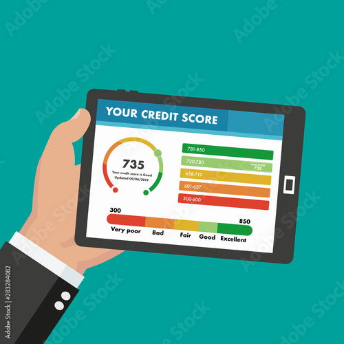 Credit score online report document on tablet, flat cartoon digital good history ranking loan record on tablet display.