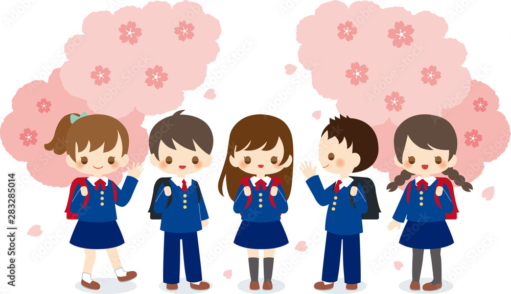 小学生　桜　集合　入学式　卒業式