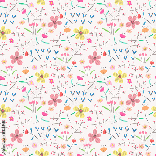 Seamless pattern background with flowers and leaves. Vector illustration for fabric and gift wrap design. © OneyWhyStudio