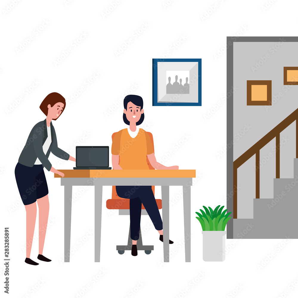 women in office workplace scene with laptop