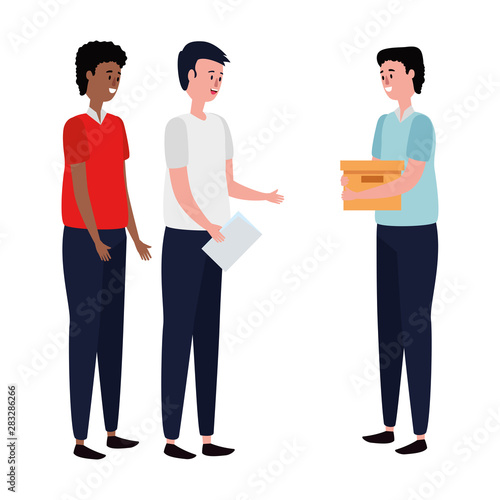 elegant businessmen workers lifting boxes