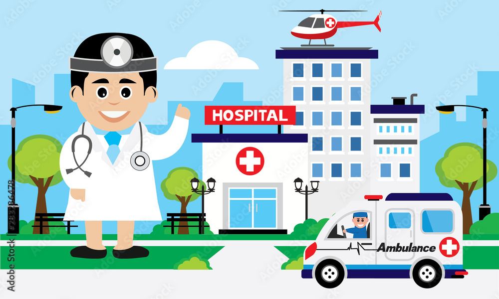 Patient care concept. doctor team standing on a hospital building, ambulance car background Patient care concept. doctor team standing on a hospital building, ambulance car background