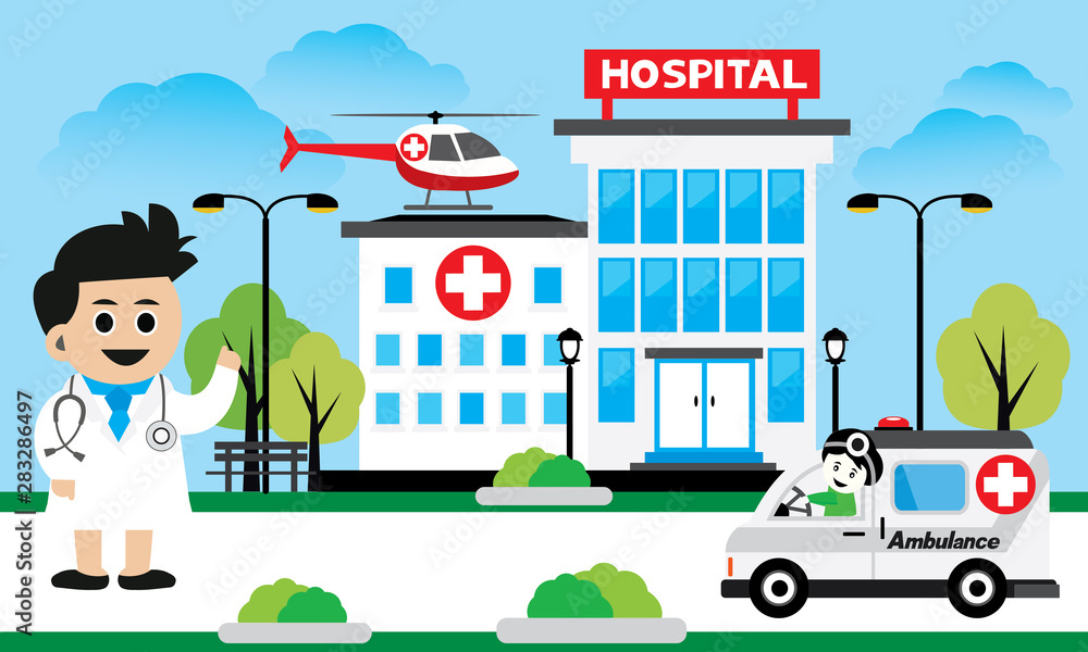 Patient care concept. doctor team standing on a hospital building, ambulance car background Patient care concept. doctor team standing on a hospital building, ambulance car background
