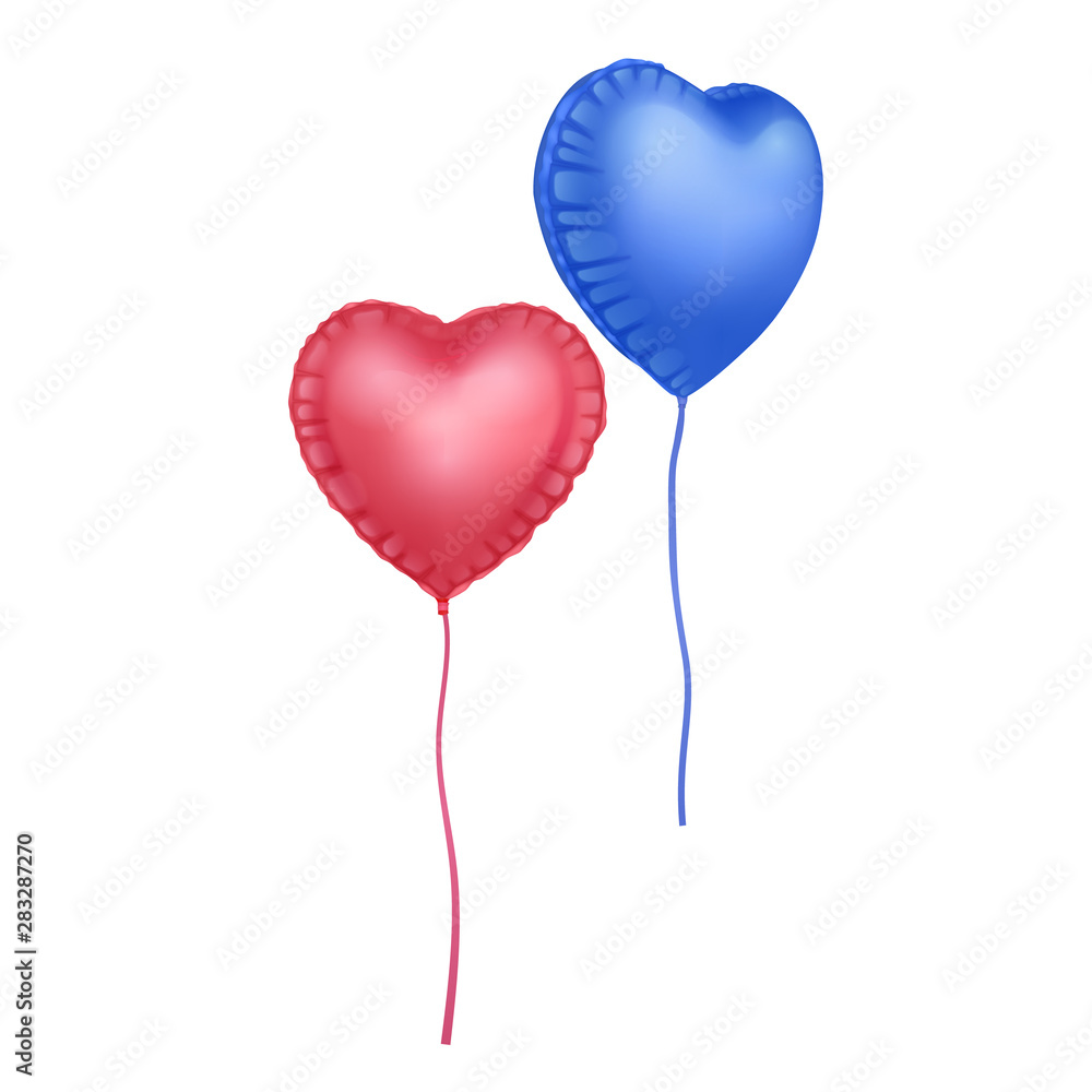 Two red and blue inflated helium balloon of heart shaped, part for decoration holidays, valentines day and party concept on white background