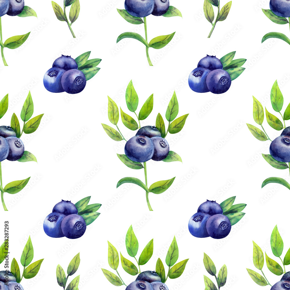 Seamless pattern with ripe blueberries on white isolated background. Watercolor illustration. Seamless pattern with ripe blueberries on white isolated background. Watercolor illustration.