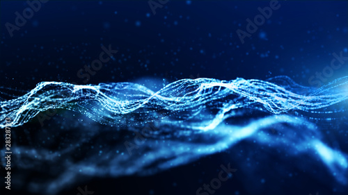 Abstract blue color digital particles wave flow. Technology background concept