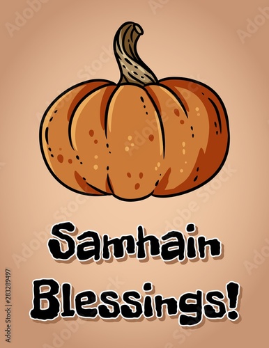 Samhain Blessings fall pagan holiday pumpkin postcard. Autumn Halloween harvest celebration greetings flyer