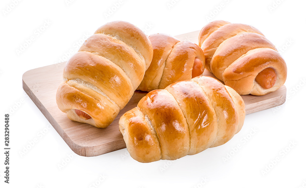 Sausage in dough .Isolated on white background Sausage in dough .Isolated on white background