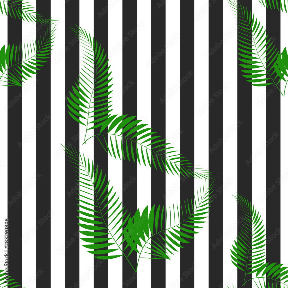 Fototapeta Exotic tropic plants composed of palm leaves, on black and white stripe geometric background. Flower trendy seamless pattern. Hand drawn fashion wallpaper.