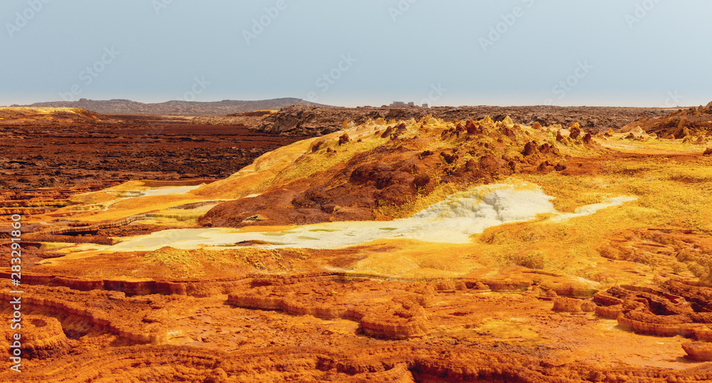 Beautiful small sulfur lakes Dallol, Ethiopia. Danakil Depression is the hottest place on Earth in terms of year-round average temperatures. It is also one of the lowest places on the planet