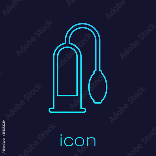 Turquoise line Penis pump icon isolated on blue background. Penis enlarger. Sex toy for men. Vacuum pump with a blower to increase the penis. Vector Illustration