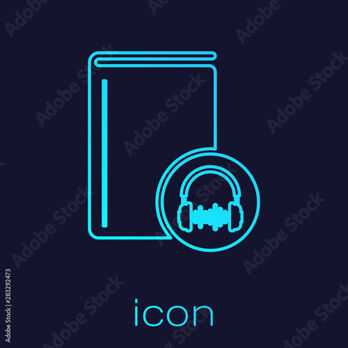 Turquoise line Audio book icon isolated on blue background. Book with headphones. Audio guide sign. Online learning concept. Vector Illustration