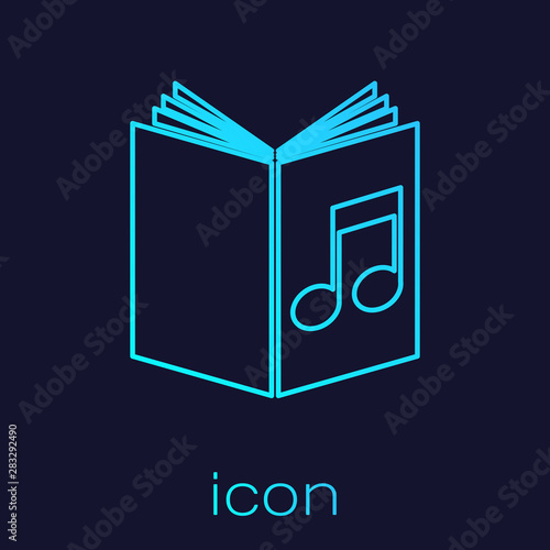 Turquoise line Audio book icon isolated on blue background. Musical note with book. Audio guide sign. Online learning concept. Vector Illustration
