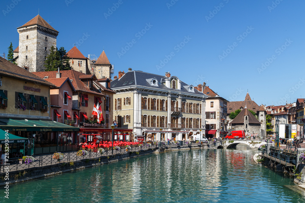 ANNECY / FRANCE - JULY 2015: View to colourful houses of Annecy medieval town, France