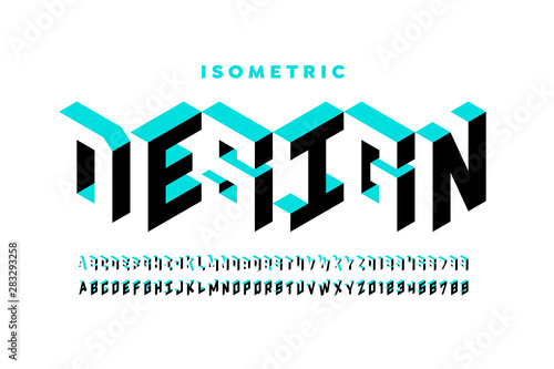 Isometric 3d font design, three-dimensional alphabet letters and numbers