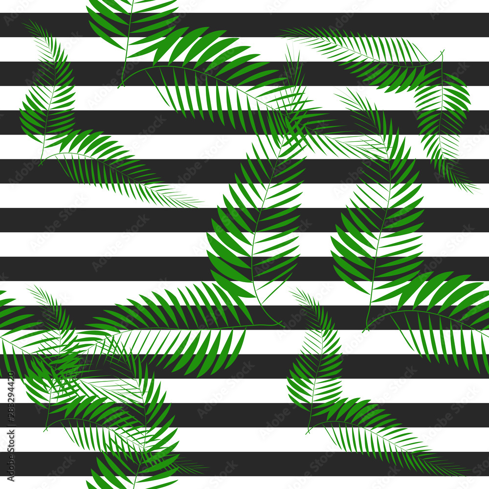 Fototapeta Tropical palm leaves, jungle leaves, beautiful seamless floral pattern background. Abstract striped geometric texture