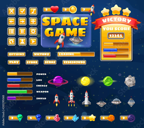Big set buttons icons elements for Space game cartoon casual games and app
