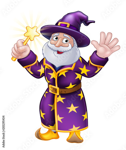 A wizard merlin magician Halloween cartoon character waving