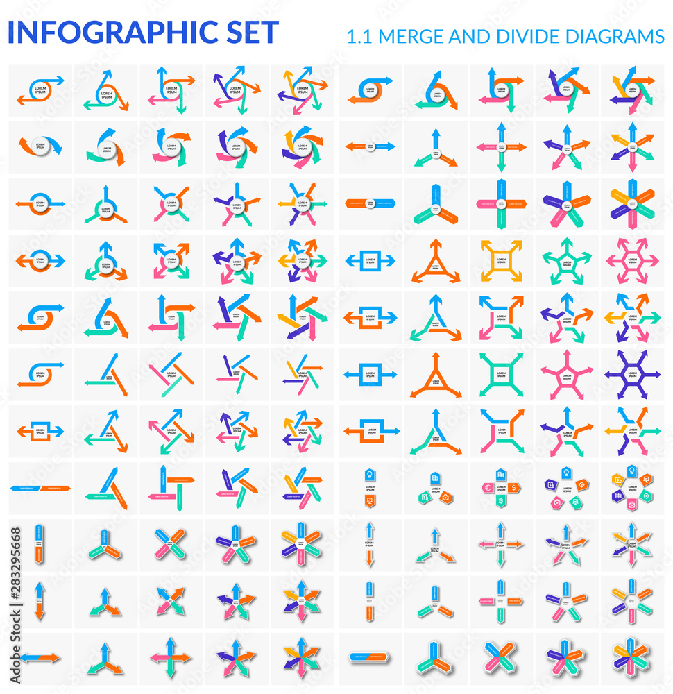 Huge set of infographic elements. Vector pack of merge and divide charts in flat and semi flat style. Arrow diagram templates.