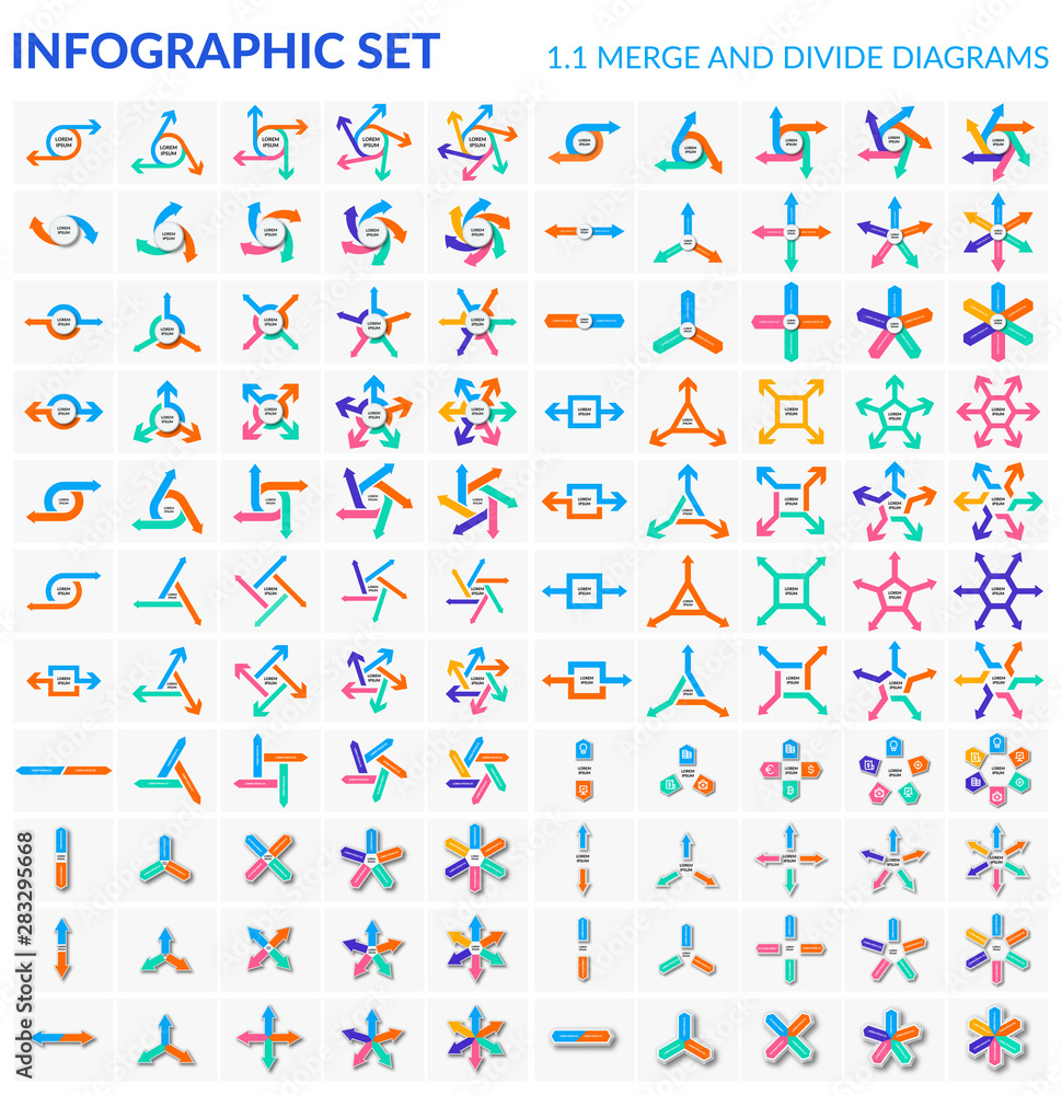 Huge set of infographic elements. Vector pack of merge and divide charts in flat and semi flat style. Arrow diagram templates. Huge set of infographic elements. Vector pack of merge and divide charts in flat and semi flat style. Arrow diagram templates.