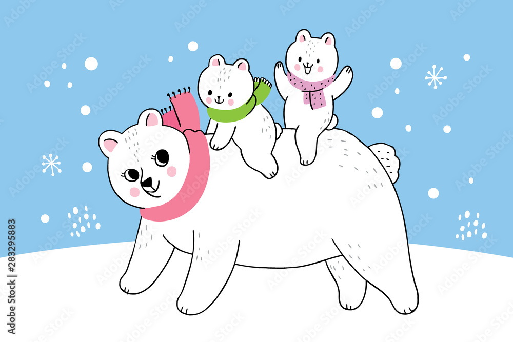 Fototapeta premium Cartoon cute winter mother and baby polar bear vector.