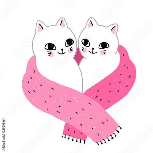 Cartoon cute winter cats couple and scarf vector.
