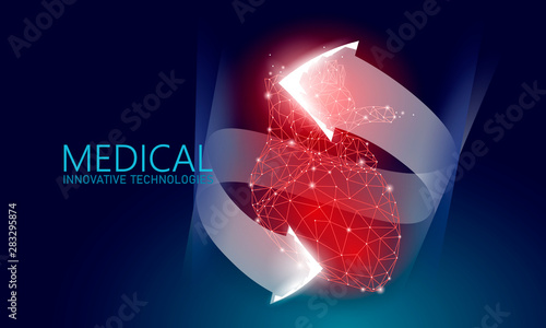Total healthy heart beats 3d medicine low poly concept. Triangle red pharmacy drugstore background. Glowing arrows modern innovative technology heart recovery reconstruction vector illustration